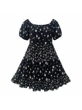 Maurices Size M Peasant Puffy Sleeved Mini Sundress Black Floral Tiered Ruffle